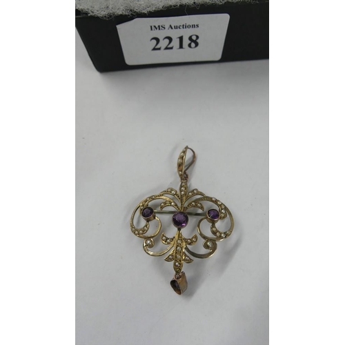 2218 - Antique Gold Pearl Amethyst Pendant