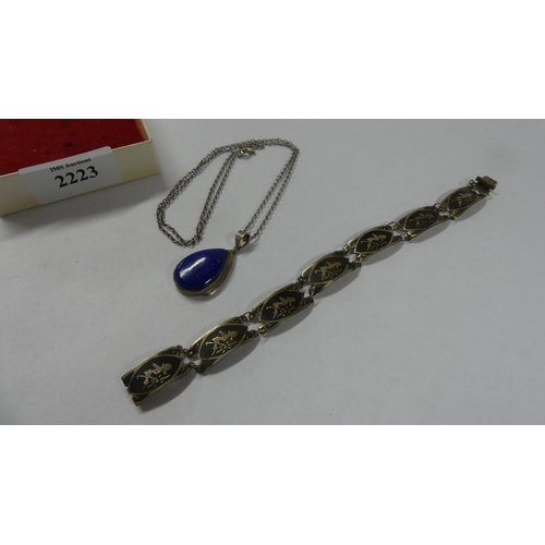 2223 - Silver Lapis Pendant, Chain and Silver Enamel Bracelet