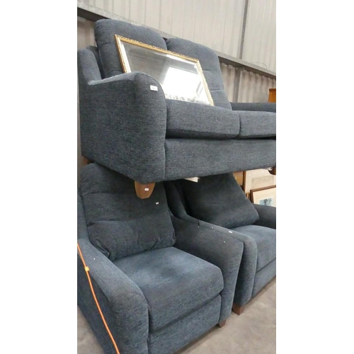 3007 - Blue Fabric 2 Seater Sofa & 2 Chairs