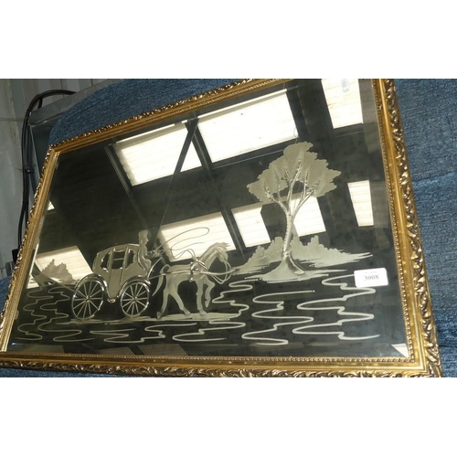 3008 - Gilt Framed Wall Mirror with Etched Horse & Carriage Scene