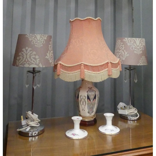 3014 - 3 Table Lamps, Standard Lamp & Pair Of Coalport Candle Sticks.