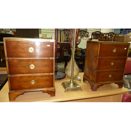 3042 - Pair Yew Campaign 3 Drawer Bedside Cabinet