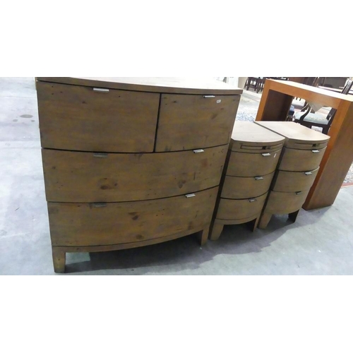 3054 - Reclaimed Pine Bow Front 2 over 2 Drawer Chest & Pair of 3 Drawer Bedside Cabinets