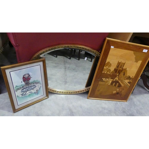 3061 - Oval Mirror & 2 Prints.