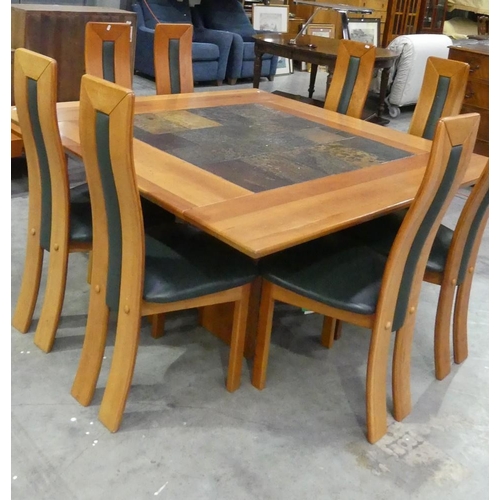 3085 - Yew Tile Top Dining Table & 8 Leather Chairs