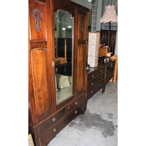 3140 - Pine Mirror Door Wardrobe, Dressing Table & Chest Of Drawers