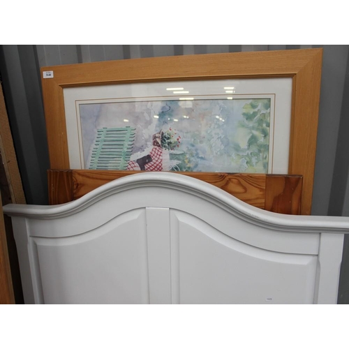 3148 - 2 Large Framed Prints, Large Pine Framed Mirror & Painted Single Headboard.