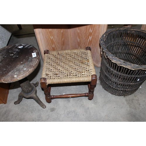 3190 - Machinists Stool, Rope Top Stool & Wicker Paper Bin