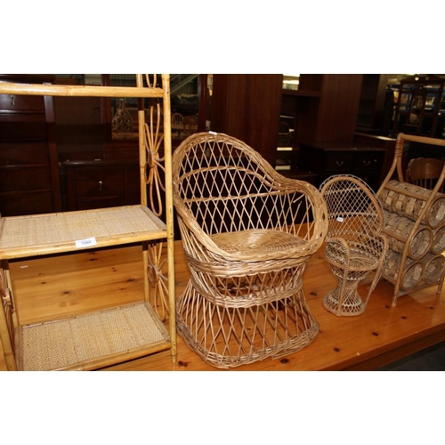 3265 - Bamboo and Wicker Bookcase, Childs Chair, Dolls Chair and a Wine Rack