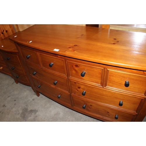 3299 - Stained Pine Bow Front 6 Drawer Chest with Mirror and Matching Bedside