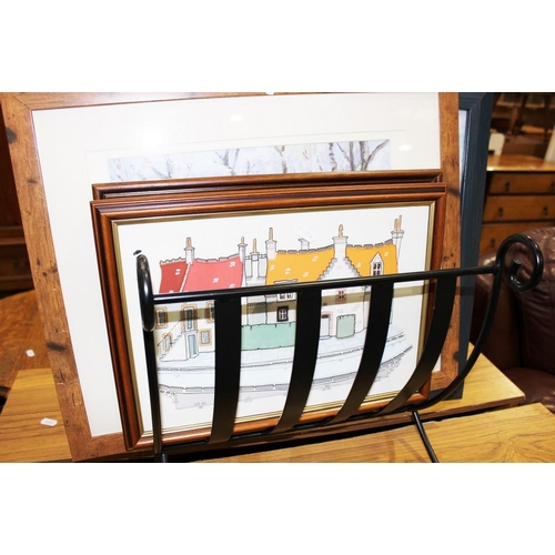 3345 - Assorted Framed Paintings with a Wrought Iron Magazine Rack