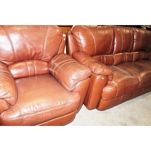 3347 - Brown Leather 3 Seat Sofa and Matching Chair