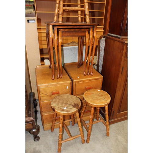 3412 - Pair Oak Pedestal's, 3 Pink Stools & Mahogany Nest of Tables