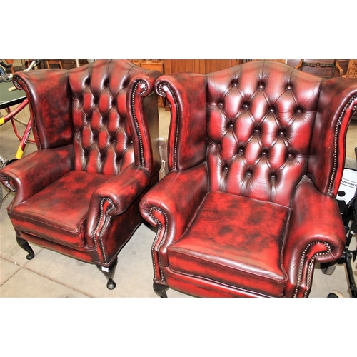 3431 - Pair of Oxblood Leather Chesterfield Style Wingback Chairs