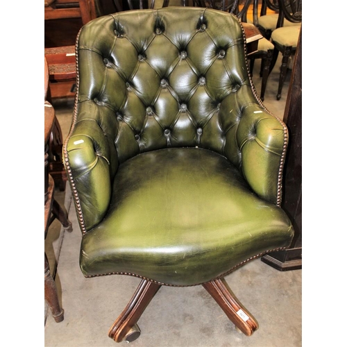 3477 - Green Leather Button Back Captains Chair