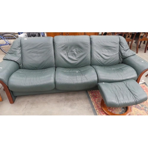 3493 - Stressless Green Leather 3 Seat Sofa