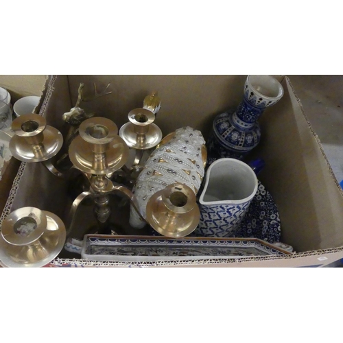 1277 - Box - Brass Candelabra, Stag & Pottery Vases.