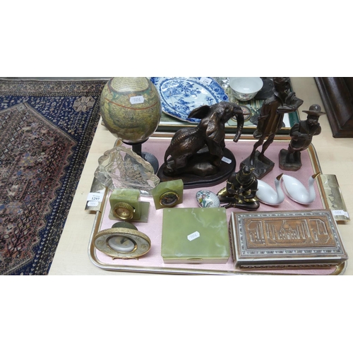 1297 - Tray Lot - Anglo Indian Cigarette Box, Green Onyx Clock, Box, Carved Wood Figures etc.