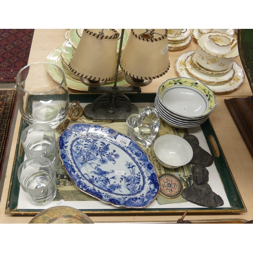 1298 - Tray Lot - China, Two Cast Metal Bust Portraits, Arts & Crafts Table Lamp, Clear Glass Vase etc.