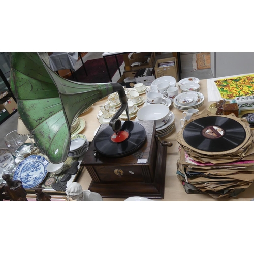 1300 - Vintage Wind-up Gramophone with Green Metal Horn & Collection of 78rpm Records.