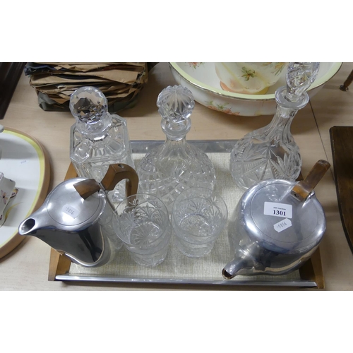 1301 - Picquot Ware Tray, Teapot & Hot Water Jug and Cut Glass Decanters & Whisky Glasses.