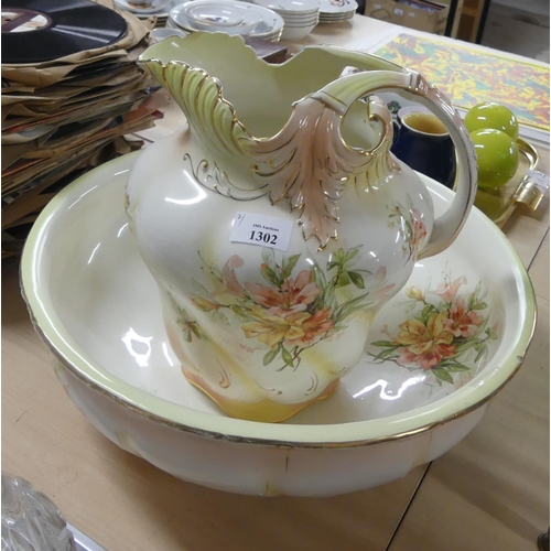 1302 - Antique Floral Decorated Pottery Ewer & Basin.