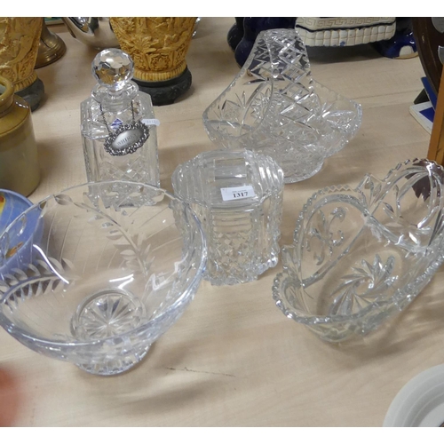 1317 - Cut Glass Basket, Whisky Decanter, Biscuit Barrel & Bowls.