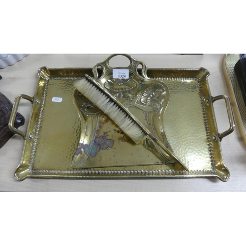 1324 - Hammered Brass Tea Tray, Art Nouveau Crumb Scoop & Brush.