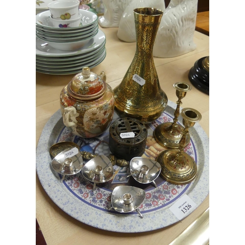 1326 - Tray Lot - Four Danish Silverplated Candleholders, Indian Brass Vase, Satsuma Jar & Cover etc.