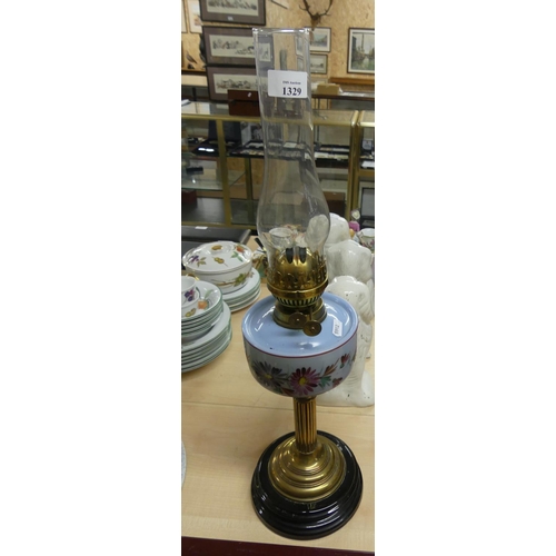 1329 - Victorian Oil Lamp with Painted Glass Font & Brass Mounts.