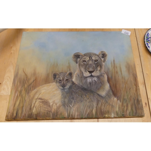 1332 - Unframed Oil Painting - Lioness & Cub, Unsigned, approx 46 x 36cm.