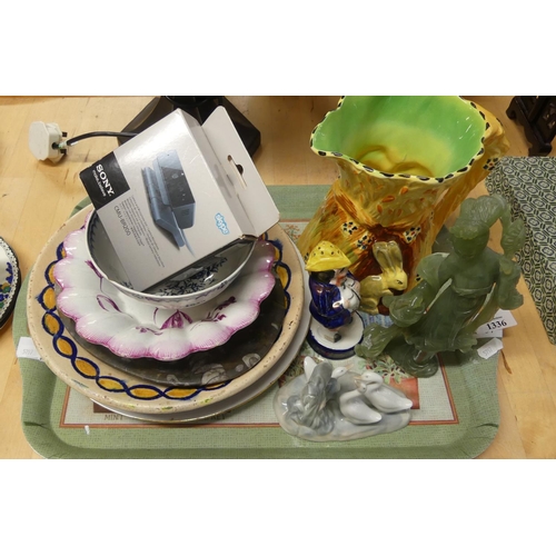 1336 - Tray Lot - Nao Figure, Soapstone Geisha, Burleighware Jug, etc.