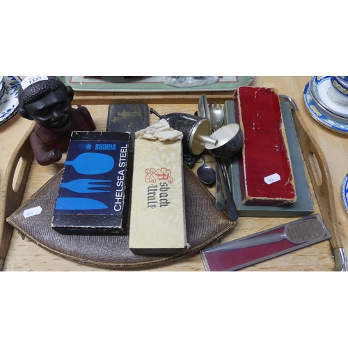 1337 - Tray Lot - Assorted Cutlery, Money Bank, Japanese White Metal Cigarette Case etc.