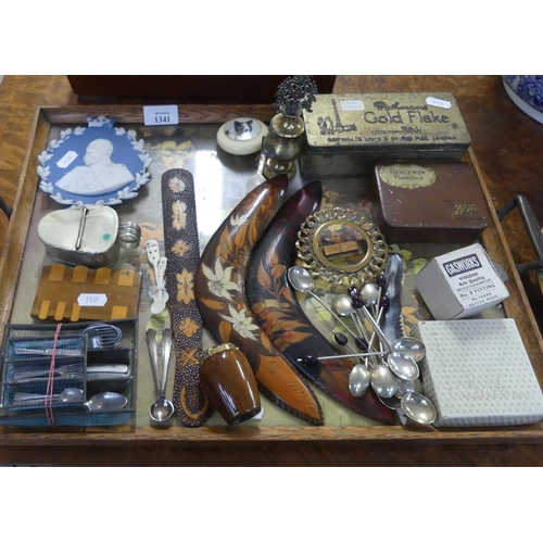 1341 - Tray Lot - Pokerwork, Cribbage Board, advertising Tins, Set of Antique Dolls Cutlery etc.