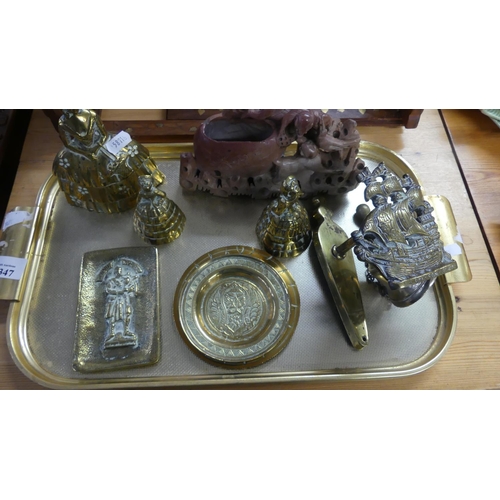 1347 - Tray Lot - Soapstone Figure, Brass Bells, Dishes etc.