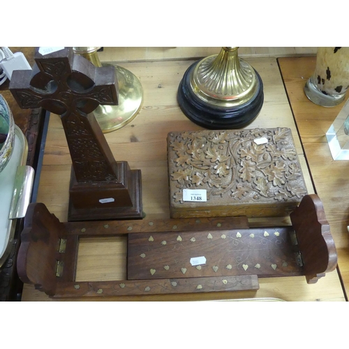 1348 - Wooden Celtic Cross, Carved Wood Box & Indian Book Slide.