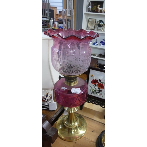 1349 - Victorian Brass Oil Lamp with Cranberry Reservoir & Shade.