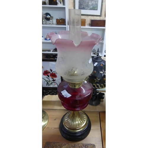 1350 - Victorian Brass Oil Lamp with Ruby Glass Reservoir and Tinted Etched Shade.