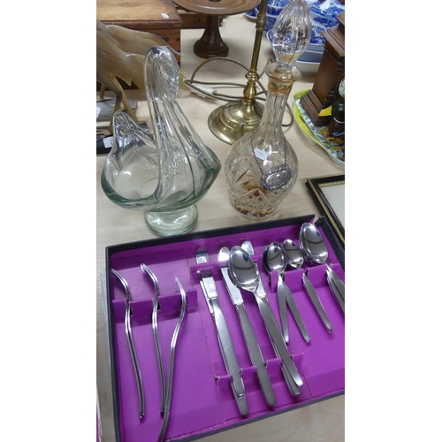 1374 - Two Canteens of Chrome & Stainless Steel Cutlery & Cut Glass Decanter & Vase.