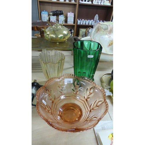 1384 - Two Art Glass Vases & Art Glass Bowl.