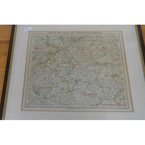 1424 - Framed Map of Quorn & Surrounding Counties, approx 28 x 23cm.