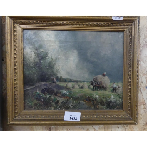 1438 - Framed Oil - Harvesting Scene, Indistinct Signature, approx 24 x 19cm.