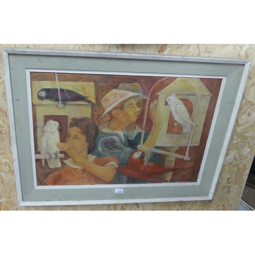 1450 - Framed Oil Painting - Figures with Parrots & Cockatoo, Unsigned James T Ferguson, approx 74 x 50cm.