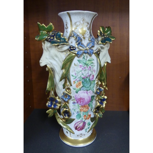 1457 - Large Continental Porcelain High Relief Vase, Gilded & Painted with colourful flowers and foliage, f... 