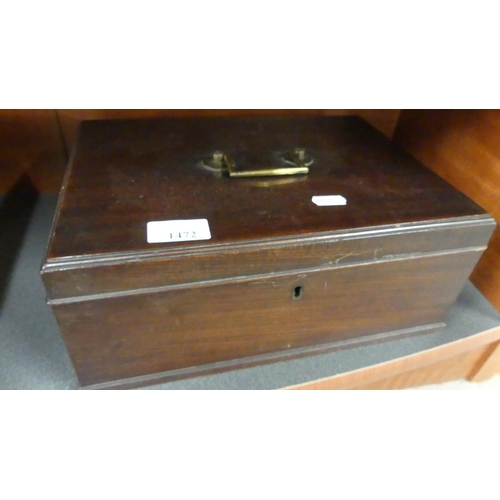 1472 - Antique Mahogany Box with Brass Carrying Handle.