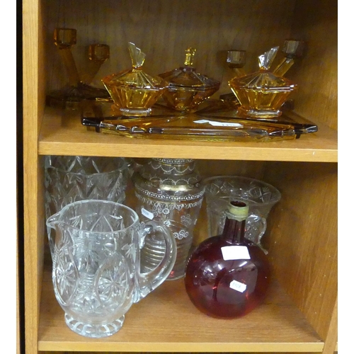 1475 - Amber Glass Dessing Set, Cranberry Decanter (No Stopper), Cut Glass Jug & Vases.