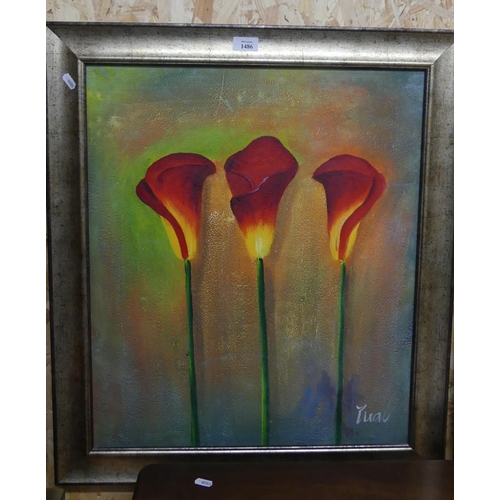 1486 - Framed Oil Painting, Still Life, Lilies Signed Tuab, approx 52 x 62cm.