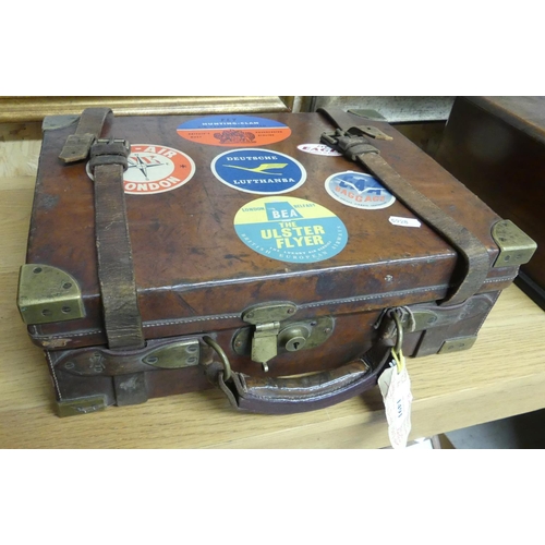 1491 - Leatherbound Cartridge Box with Brass Mounts, Outer Body with International Airline Labels.