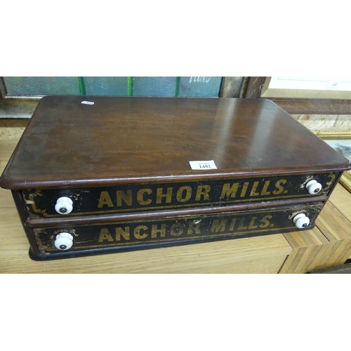 1492 - Mahogany Antique Anchor Mills Two Drawer Advertising Thread Chest, Painted Drawer Fronts with Porcel... 