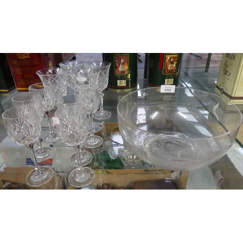 1531 - Assorted Cut Glass Wine Glasses & Engraved Commemorative Fruit Bowl.